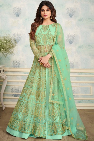 Shamita Shetty Charming Light Green Party Wear Net Fabric Salwar Kameez