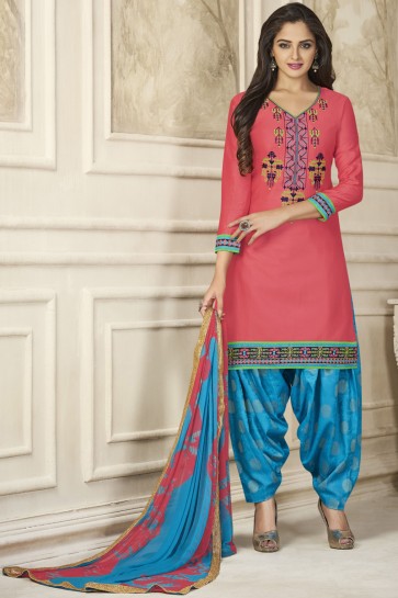 Party Wear Embroidery Work Pink Designer Patiala Suit With Nazmin Dupatta