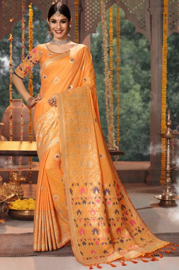 Banarasi Silk Orange Jacquard And Embroidery Work Saree With Cotton Blouse