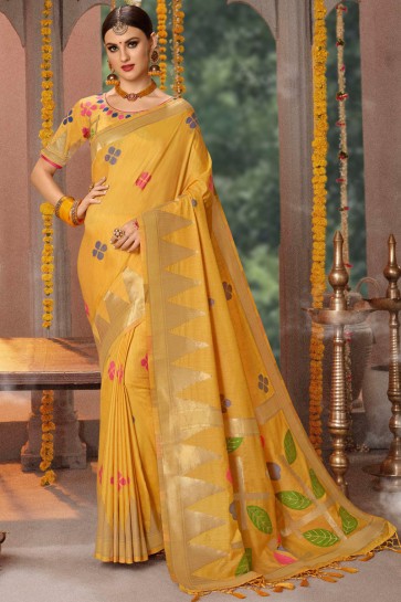 Jacquard And Cotton Fabric Yellow Zari Work And Thread Work Saree And Blouse