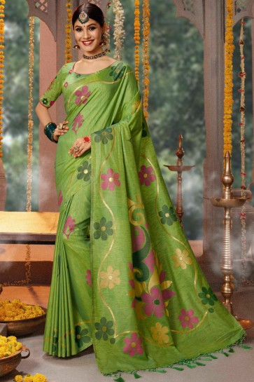 Green Cotton Zari And Jacquard Work Saree With Embroidery Work Blouse