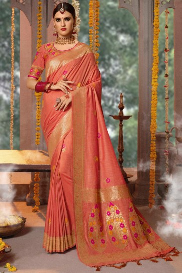 Embroidery And Thread Work Peach Jacquard Fabric Saree With Cotton Blouse