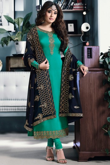 Kritika Kamra Embroidered Sea Green Georgette Satin Salwar Suit And Santoon Bottom