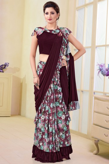 Party Wear Printed Work Multi Color Imported Flare Saree And Blouse