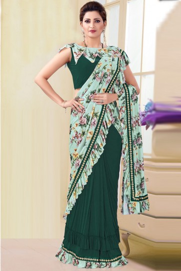 Aqua And Green Imported Printed And Thread Work Flare Saree And Blouse