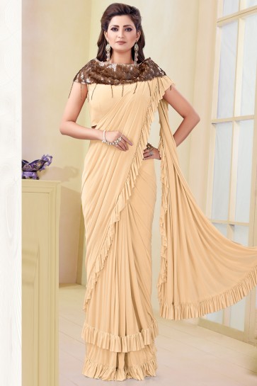 Desirable Cream Imported Flare Saree With Mirror Work Blouse