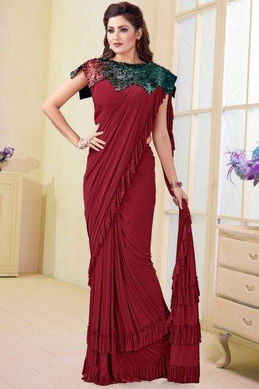 Marvelous Imported Maroon Flare Saree With Mirror Work Blouse