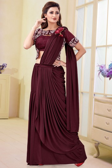 Ultimate Imported Maroon Flare Saree With Embroidery Work Blouse