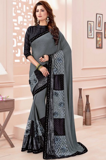 Heavy Designer Grey Printed And Thread Work Stylish Imported Saree And Blouse
