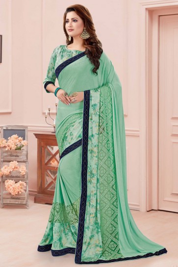 Optimum Imported Thread Work And Printed Sea Green Saree With Blouse