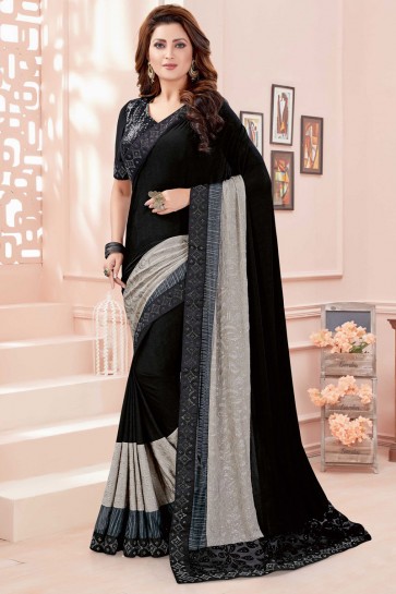 Supreme Black Imported Printed And Zari Work Saree With Mirror Work Blouse