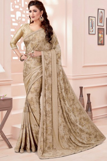 Stunning Beige Printed And Thread Work Imported Saree And Embroidery Blouse