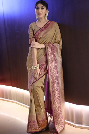 Pleasing Art Silk Beige Weaving Work And Jacquard Work Saree And Blouse