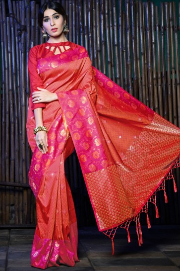 Delicate Red Jacquard Work And Weaving Work Art Silk Saree And Blouse