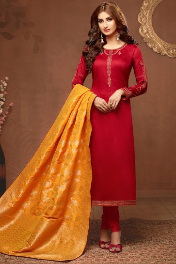 Embroidered And Stone Work Red Silk And Cotton Salwar Suit With Jacquard Dupatta