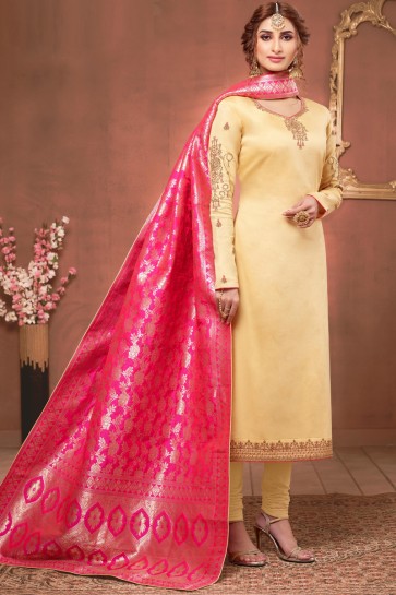 Classic Stone Work Cream Silk Designer Salwar Suit With Jacquard Dupatta