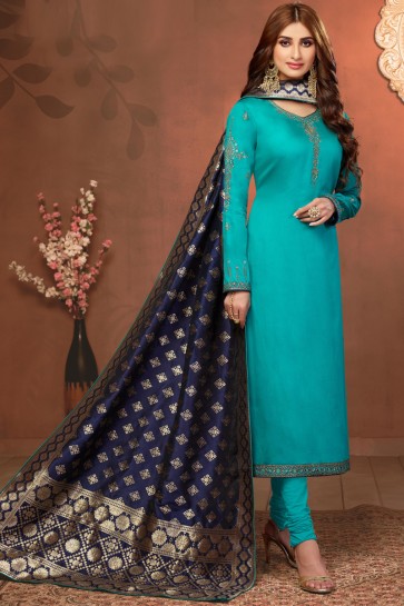 Sea Green Stone Work And Embroidered Cotton And Silk Salwar Suit With Jacquard Dupatta