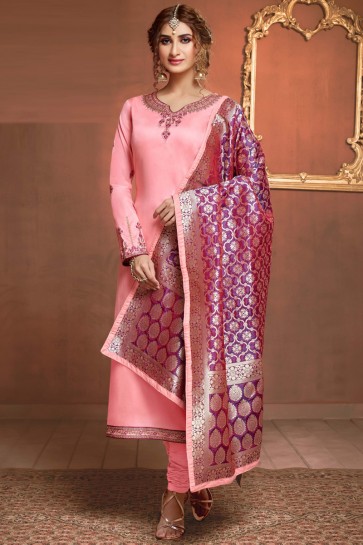 Appealing Baby Pink Stone And Embroidery Work Salwar Suit And Cotton Bottom