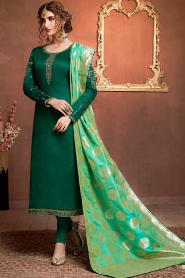 Admirable Silk And Cotton Green Salwar Suit With Jacquard Dupatta