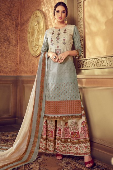 Digital Printed Cotton Cream And Grey Solid Plazzo Suit With Chiffon Dupatta