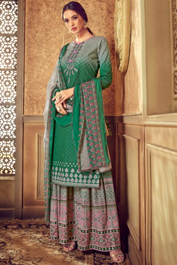 Grey And Green Cotton Fabric Digital Printed Plazzo Suit With Chiffon Dupatta