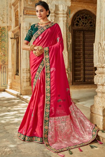 Lace And Thread Work Banarasi Silk Designer Pink Saree With Zari Work Blouse
