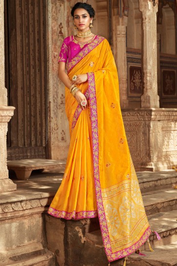 Banarasi Silk And Jacquard Yellow Hand And Zari Work Saree With Thread Work Blouse
