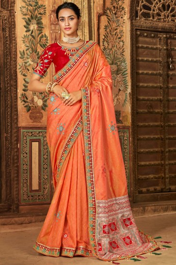 Orange Banarasi Silk Jacquard Thread And Lace Work Stylish Saree And Silk Blouse