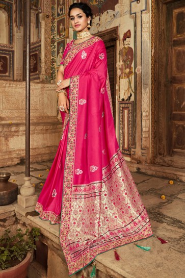 Party Wear Pink Thread And Hand Work Jacquard Saree With Zari Work Blouse