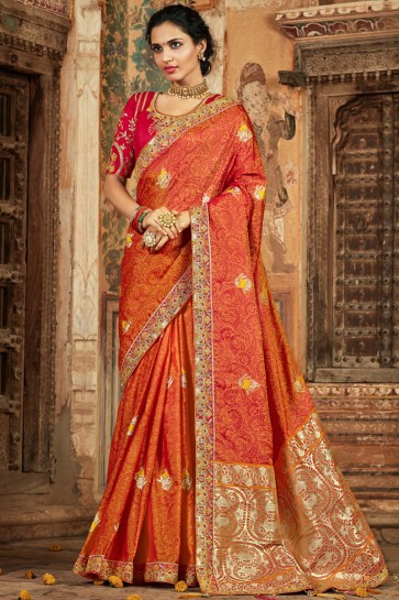 Dazzling Orange Zari And Thread Work Banarasi Silk Jacquard Saree And Silk Blouse