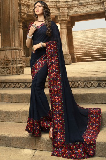 Stunning Navy Blue Georgette Printed And Lace Work Saree And Blouse