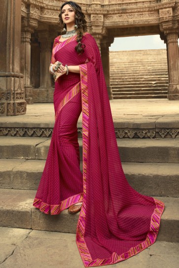 Classy Pink Lace Work And Printed Georgette Saree And Blouse
