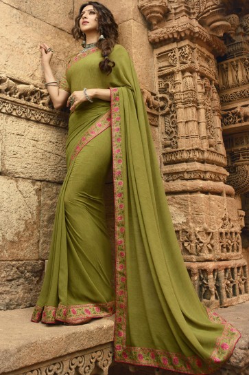 Excellent Mehendi Green Georgette Border Work Saree With Printed Blouse