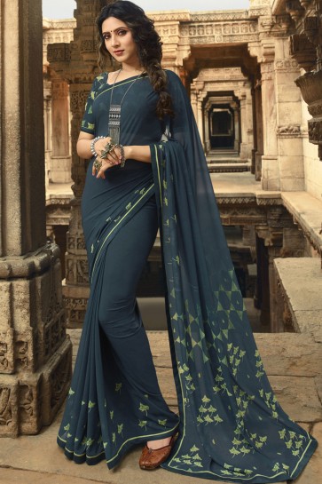 Supreme Grey Lace Work And Printed Georgette Saree And Blouse
