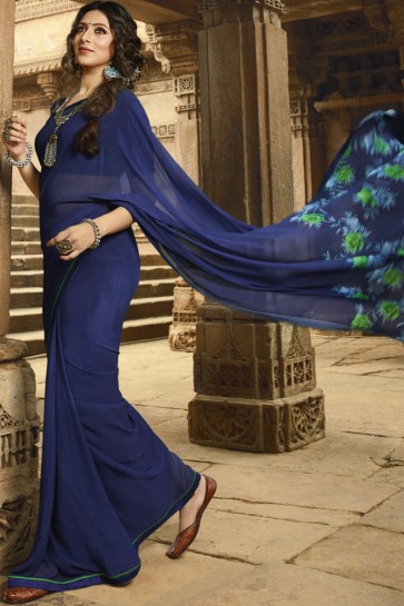 Delicate Blue Border Work Georgette Saree With Printed Blouse