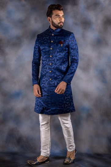 Thread Work Navy Blue Jacquard And Imported Fabric Indo Western With Dhupion Bottom