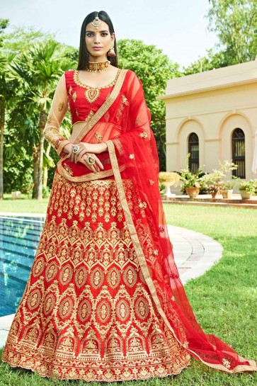 Dazzling Red Embroidred And Zari Work Silk Lehenga Choli With Net Dupatta
