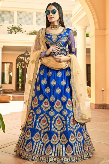 Dazzling Royal Blue Embroidred And Zari Work Silk Lehenga Choli With Net Dupatta