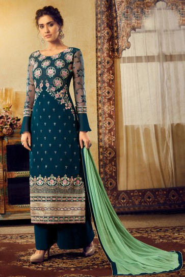 Stunning Navy Blue Embroidered Viscose And Georgette Plazzo Suit With Chiffon Dupatta