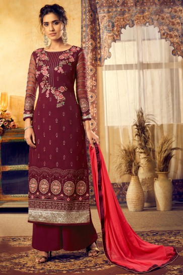 Elegant Georgette And Viscose Fabric Maroon Embroidered Plazzo Suit And Santoon Bottom