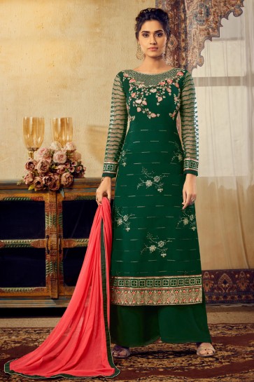 Georgette And Viscose Fabric Green Embroidery Work Plazzo Suit With Chiffon Dupatta
