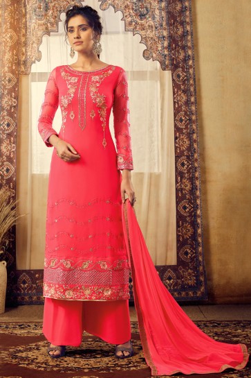 Pink Georgette And Viscose Fabric Embroidered Plazzo Suit With Chiffon Dupatta