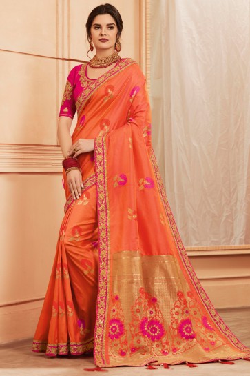 Hand Work And Thread Work Peach Banarasi Silk Saree With Fancy Fabric Blouse