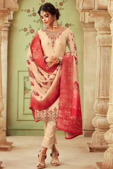 Charming Cream Embroidered And Stone Work Georgette Satin Salwar Kameez And Dupatta