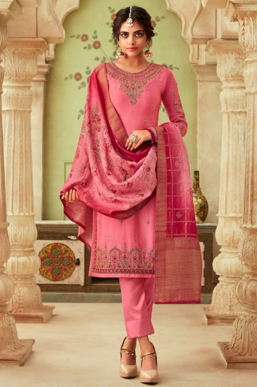 Delightful Pink Embroidered And Stone Work Georgette Satin Salwar Suit And Dupatta