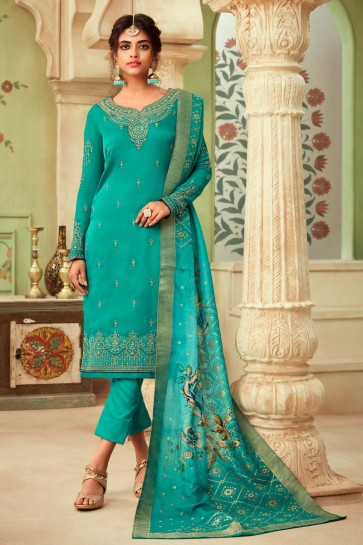 Marvelous Sea Green Embroidered And Stone Work Georgette Satin Salwar Kameez And Dupatta