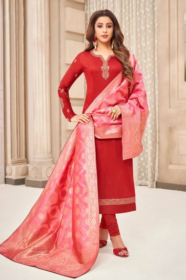 Party Wear Red Embroidered And Stone Work Silk And Cotton Casual Salwar Suit With Jacquard Dupatta
