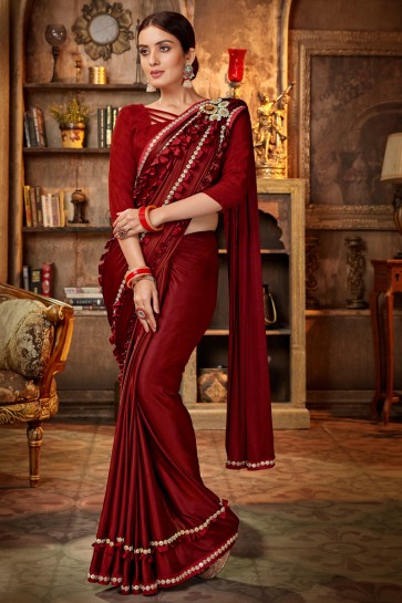 Maroon Embroidred And Lace Work Satin And Silk Flare Saree With Banglori Silk Blouse