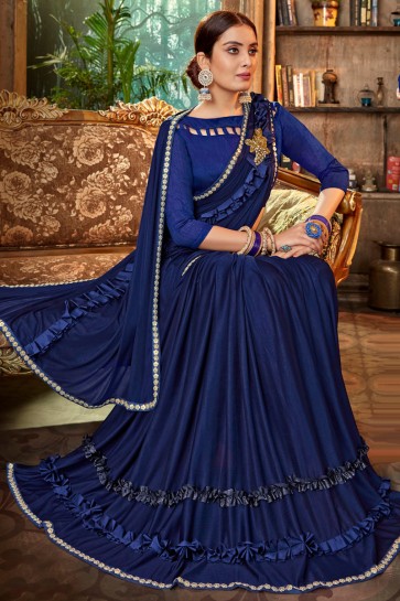 Embroidred And Lace Work Royal Blue Satin And Silk Flare Saree With Banglori Silk Blouse