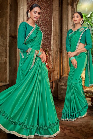 Appealing Rama Embroidred And Lace Work Satin And Silk Flare Saree With Banglori Silk Blouse